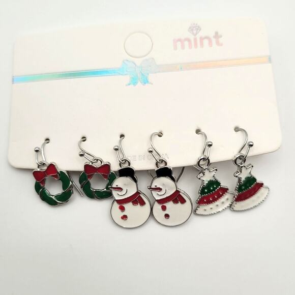 Holiday Christmas Fashion Earrings 3 Pair Tree Snowman Wreath Gift  Silver Tone - Picture 1 of 5